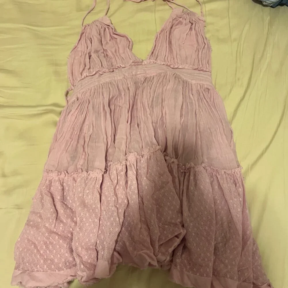 Free People 100 Degrees Swiss Dot Backless Halter Mini Dress Pink Dusty Rose - Picture 4 of 4